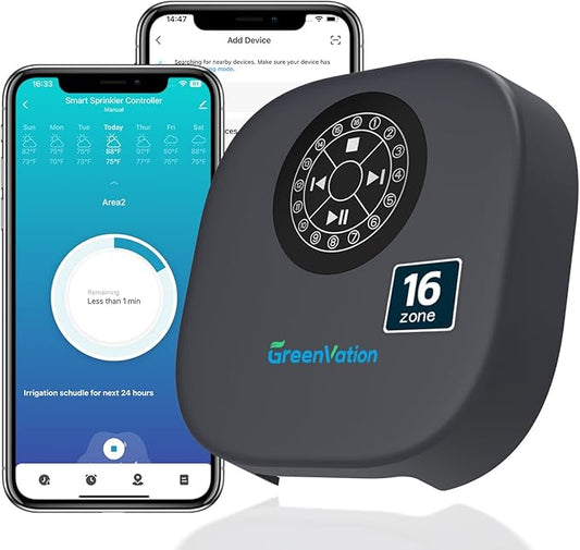 Smart Sprinkler Controller, 16-Zone/Station Irrigation System with APP Remote Control, GreenVation 2.4G/5GHz WiFi Water Timer for Outdoor Garden/Yard/Lawns