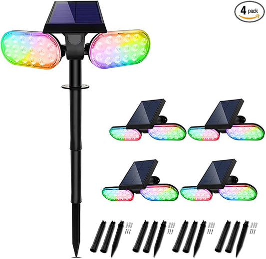 EMANER Outdoor Solar Spot Lights, Dusk to Dawn Solar Powered Landscape Spotlight Stay On, 5 Modes Super Bright Colorful Solar Stake Light for Exterior Halloween Christmas Decorations, 4-Pack
