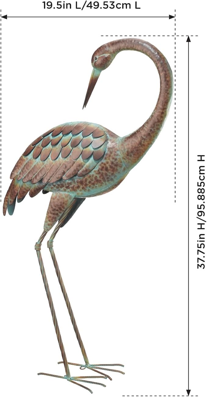 Regal Art & Gift Outdoor Garden Décor, Unique Bird Sculpture, Rustic Metal Bird Statues, Garden Ornaments, Bird Figurine for Lawn, Decorative Sculpture, Crane, Bronze/Green, Back Preening, 38"height