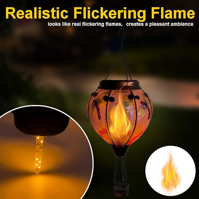 2PC Hot Air Balloon Solar Lantern with 2PC Shepherd Hook, Flickering Flame Hanging Solar Lanterns Outdoor Lights Waterproof Lanterns Decorative Garden Patio Yard Party Decor (Dragonfly)