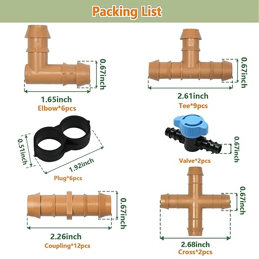 37 Pieces Drip Irrigation Fittings Kit for 1/2 Inch Tubing, Drip Irrigation Parts for Drip Sprinkler System - 12 Couplings, 9 Tees, 6 Elbows, 6 Plugs, 2 Crosses, 2 Valves Drip Line Connectors
