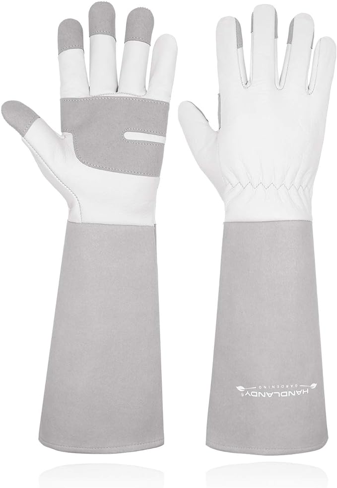 HANDLANDY Long Gardening Gloves for Men & Women, Thorn Proof Rose Pruning Gloves Leather Gauntlets Garden Gloves Yard Work Gloves (Small, Grey)