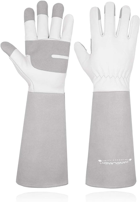 HANDLANDY Long Gardening Gloves for Men & Women, Thorn Proof Rose Pruning Gloves Leather Gauntlets Garden Gloves Yard Work Gloves (Small, Grey)