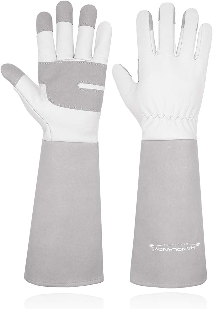 HANDLANDY Long Gardening Gloves for Men & Women, Thorn Proof Rose Pruning Gloves Leather Gauntlets Garden Gloves Yard Work Gloves (Large, Grey)