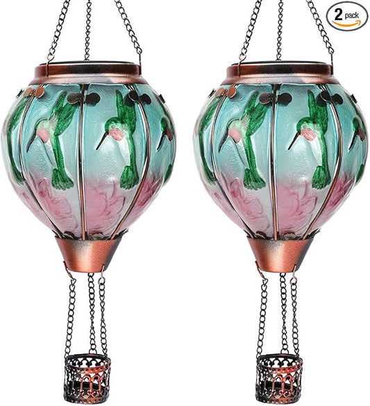 2PC Hot Air Balloon Solar Lantern with 2PC Shepherd Hook, Flickering Flame Hanging Solar Lanterns Outdoor Lights Waterproof Lanterns Decorative Garden Patio Yard Party Decor (Hummingbirds)