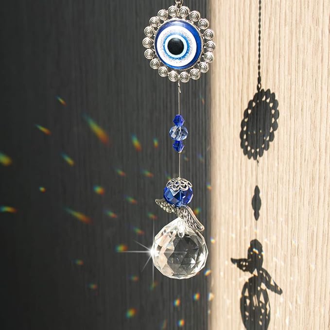 Handmade Crystal Angel Suncatcher Hanging Turkish Blue Evil Eye Protection Pendant and Good Luck Charm Gift