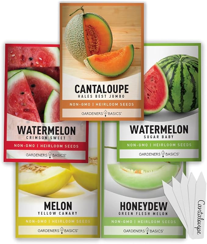 Gardeners Basics, Melon Fruit Seeds for Planting Home Garden 5 Variety Packs - Hales Best Cantaloupe, Crimson Sweet Watermelon, Yellow Canary Melon, Green Flesh Honeydew Melon, Sugar Baby Watermelon