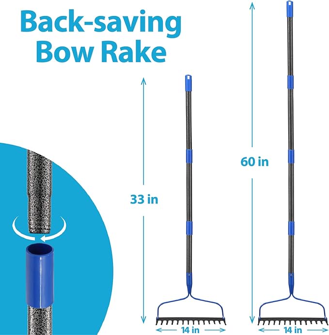 Garden Rake, 72 inch Heavy Duty Rakes for Lawns, Metal Bow Rake with 14 Tine High Carbon Steel Tines for Gardening, Loosening Soil, Flatting Mulch, Leveling Rock, Anti-Rust Landscaping Tools