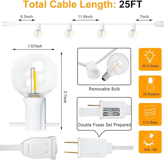 25Ft G40 Outdoor Patio String Lights,LED Bistro String Light with 27 Clear Shatterproof Bulbs(2 Spare),Decorative String Lights for Patio Garden Backyard Cafe Party Wedding Christmas,White Wire