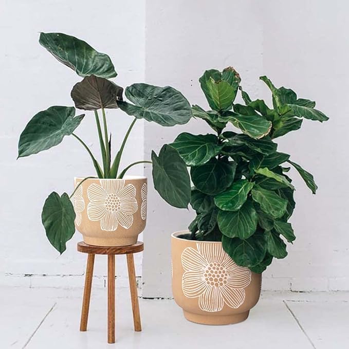 YBX 8 Inch + 6 Inch White Flower Pattern Plant Pots, Sand Glazed Ceramic Planter with Drainage Hole, Flower Pots for Indoor Plants, Tan & White