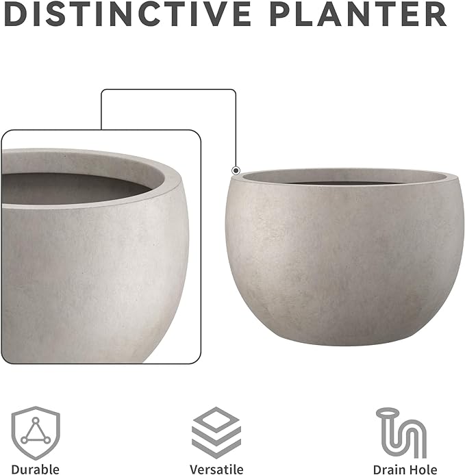 Kante 11.8" Dia Round Concrete Planter, Outdoor/Indoor Large Bowl Plant Pots with Drainage Hole and Rubber Plug for Garden Patio Balcony Home, Weathered Concrete