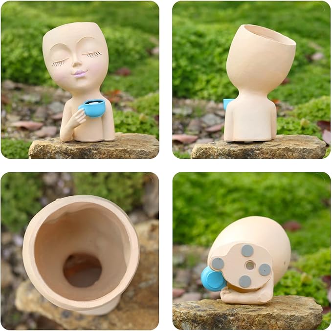 Face Pot for Plants, with a Base,Face Flower Pot for Indoor Outdoor Plants Resin Succulent Planter with Drainage Hole Cute Lady Face Plant Pots（Lignt Orange）