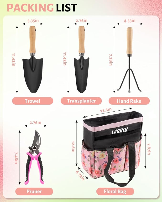 Pink Gardening Tools, Garden Tool Set for Women, 5 Piece Womens Gardening Kit with Garden Hand Tools Pink Floral Garden Bag,Gardening Gifts for Wife (5-Piece Pink)