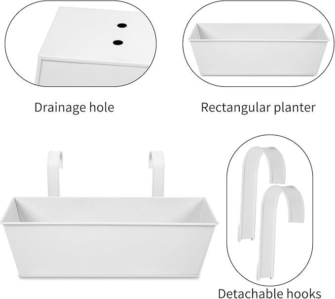 Railing Planters Outdoor Balcony 16 Inch Deck Over The Railing Planter Boxes Hanging Planters for Fence Flower 3 Pcs (White)