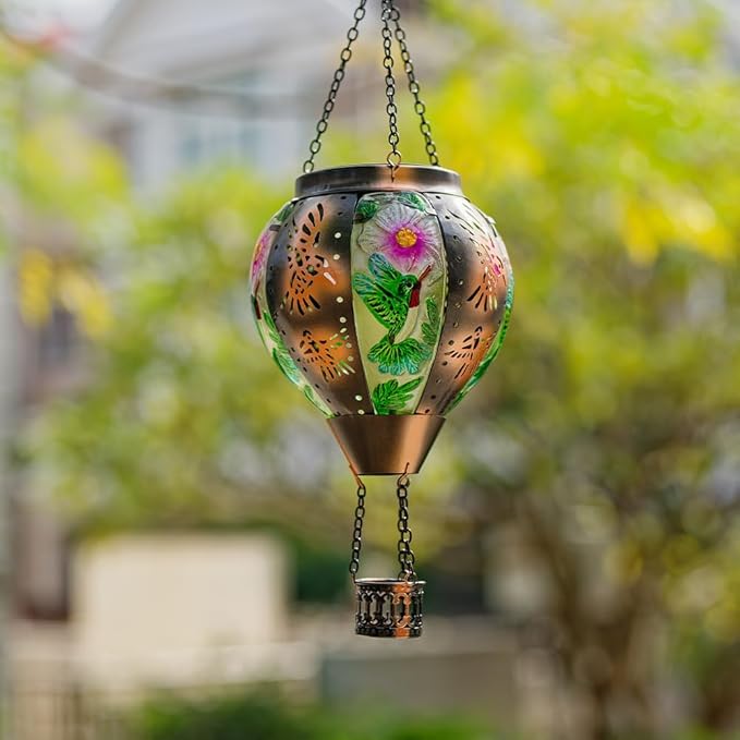 Starsoul Hummingbird Hot Air Balloon Solar Lantern Metal & Glass Solar Hot Air Balloon Hanging Garden Light Waterproof Outdoor Lantern for Patio Yard Party Decorations