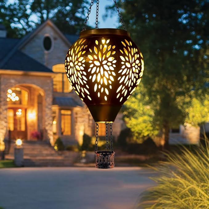 Hot Air Balloon Solar Lantern, Flower Hollow Out Solar Powered Hot Air Balloon Lantern Outdoor Waterproof, Metal Hanging Hots Airs Balloons Solars Light for Outdoor Patio Garden Decor