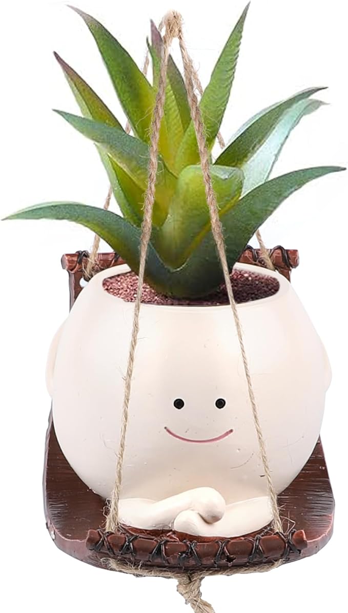 Small Swing Face Hanging Planter Pot for Indoor Outdoor Plants, Cute Swinging Plant Pot, Face Planter Pot Head, Hanging Flower Pots, Resin Succulent Planter, Valentines Day Gifts for Her