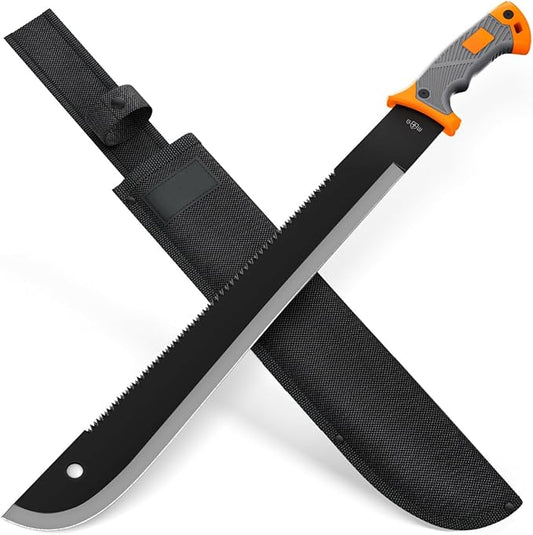 Machete with Saw - 25” Heavy Duty Tool & Sheath - Ergonomic No-Slip Handle - Survival Knife with Serrated Blade - Machetes for Bushcraft Outdoor Hunting Garden Cutting Trees and Yard Work