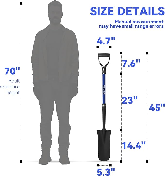 WIKER Spade Shovel,Sharp Shooter Shovel,Shovels for Digging,Planting,Trenching,Gardening,Drain Spade with Fiberglass Handle Heavy Duty,Blue,45 inches