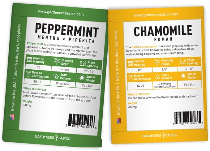 Gardeners Basics, Herbal Tea Seeds for Planting Indoors and Outdoors 5 Variety Packets Echinacea, Peppermint, Lavender, Chamomile and Lemon Balm - Great for Kitchen Herb Garden Heirloom Herb Seeds