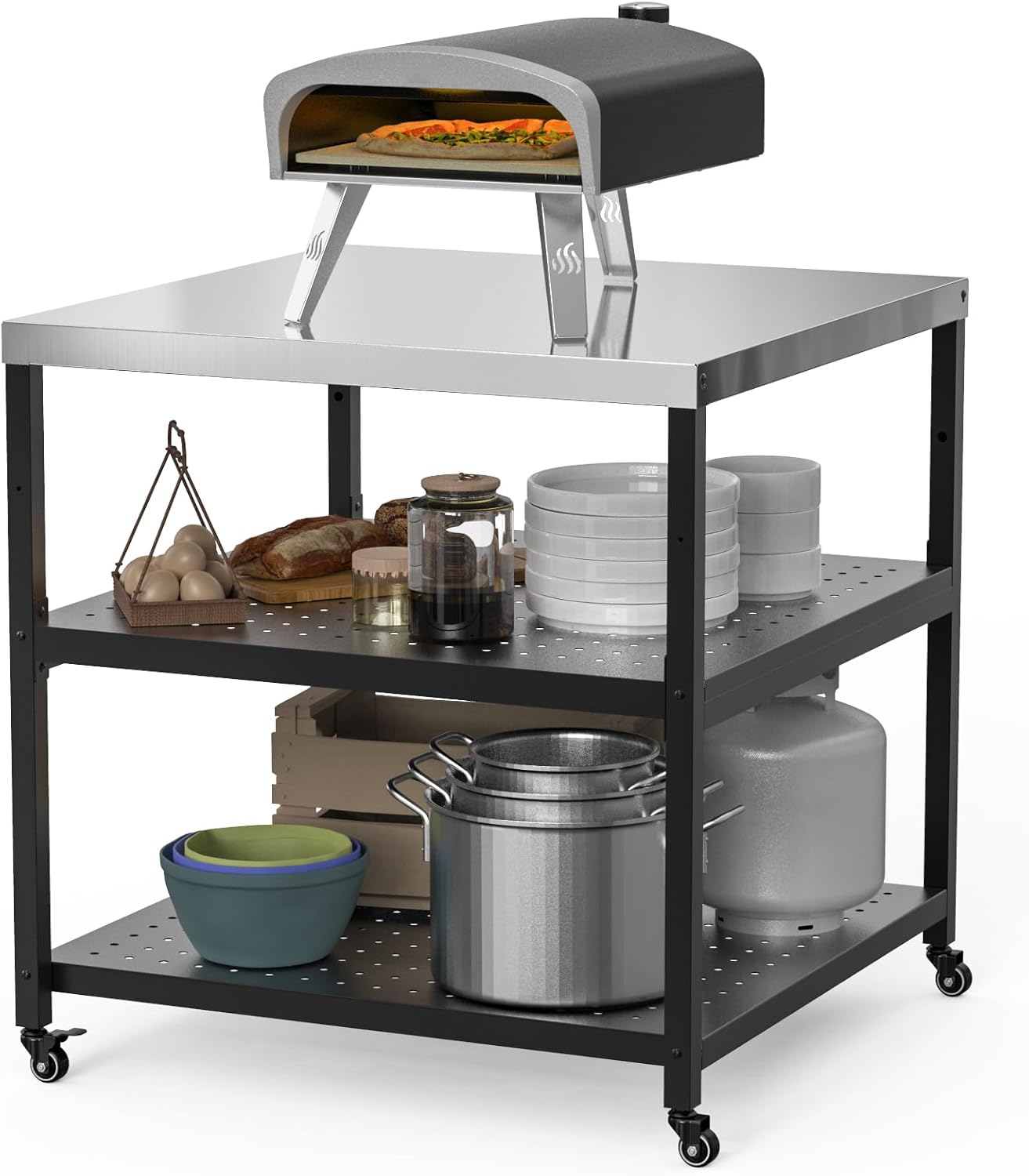 31.5” Pizza Oven Table for ooni Ninja Gozney Aidpiza BIG HORN, Modular Grill Cart for Blackstone Cuisinart Weber Char-Broil Royal Gourmet Pit Boss GasOne Griddle, Movable Food Prep Workcart Stand