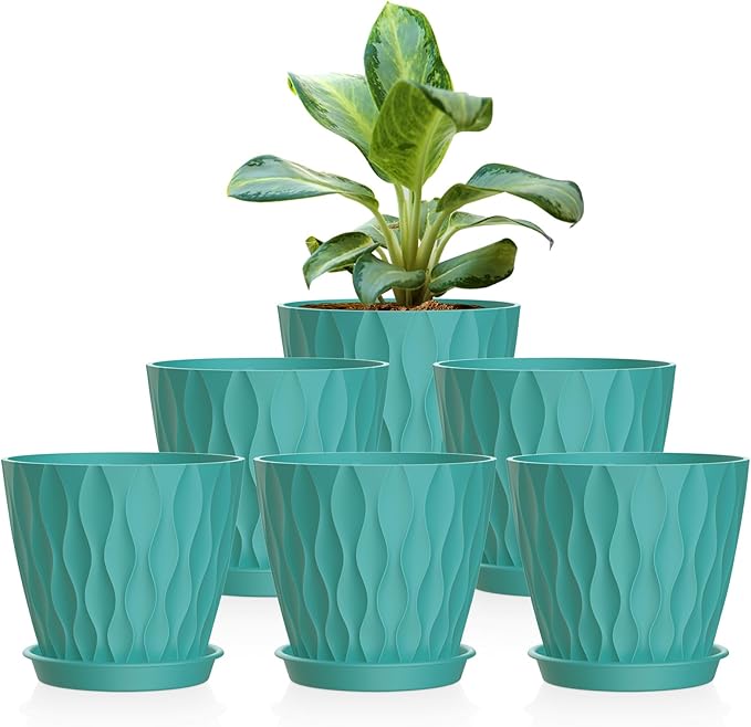 6 Pack 4 Inch Small Plant Pots with Saucers, 3D Textured Plastic Planters with Drainage Holes for Indoor and Outdoor Plants, Flowers, Herbs, Succulents, and Seedlings, Blue