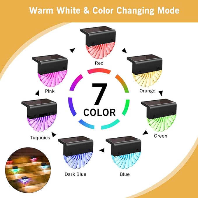 Solar Deck Lights Outdoor - 8 Pack Solar Step Light Waterproof Solar Fence Lights for Patio Stairs Post Pathway Porch Driveway Garden Decor, Warm White/LED Color Glow