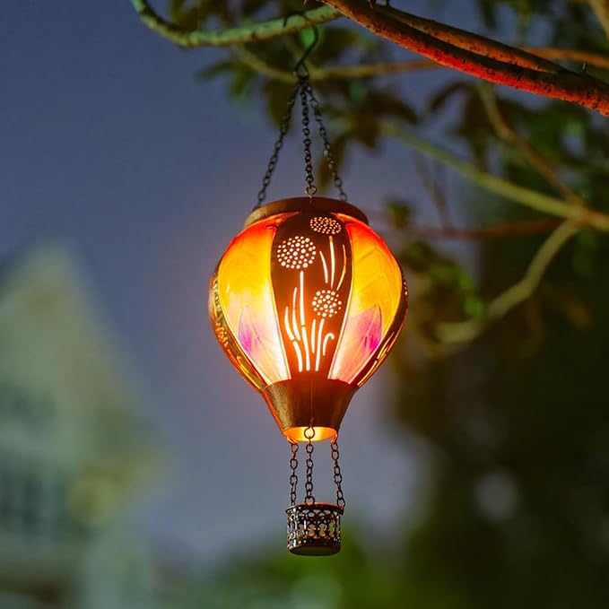 Hanging Hot Air Balloon Solar Lantern Waterproof, Solar Hot Air Balloon Lights with Flame Outdoor Garden Yard Patio Decor, Dandelion Colorful Lanterns Gifts for Mom