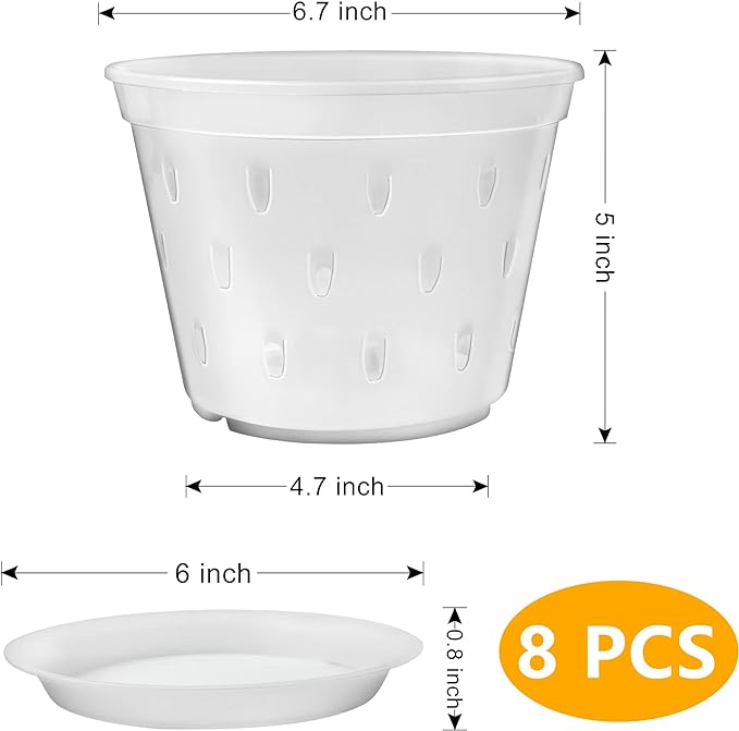 Orchid Pot, 7 Inch 8 Pack Orchid Pots with Holes and Saucers, Clear Plastic Plant Pot Indoor