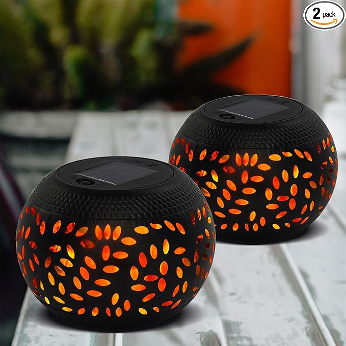 Solar Table Lantern Outdoor Waterproof- 2 Pack Dancing Flickering Flame Solar Light,Black Metal Desktop Decorative Lamp Auto On/Off Lighting Dusk to Dawn for Desk Patio Garden Pathway Yard