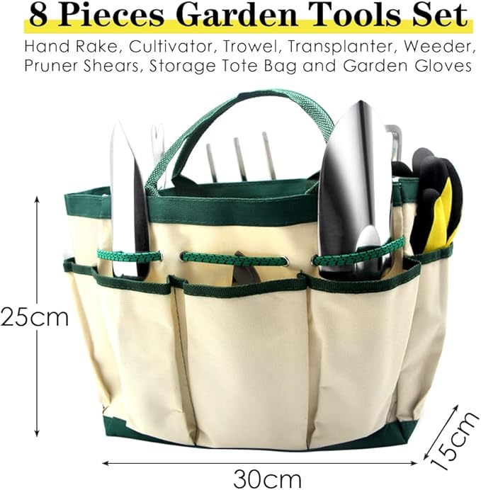 QianRuiDa 8-Piece Garden Tools Set for Gardening Aluminum Alloy Heavy Duty Kit, with Storage Tote Bag, Ergonomic Rubber Grip, Gift for Men or Women, Indoor and Outdoor Tools