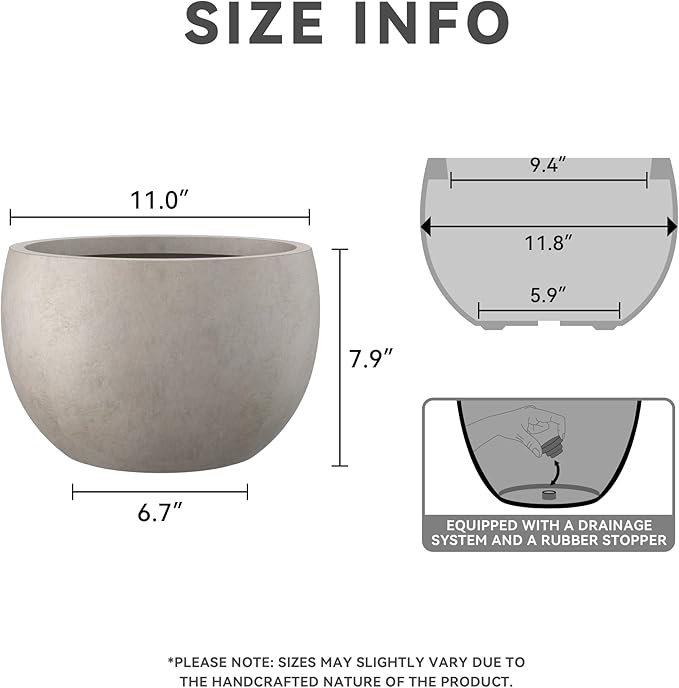Kante 11.8" Dia Round Concrete Planter, Outdoor/Indoor Large Bowl Plant Pots with Drainage Hole and Rubber Plug for Garden Patio Balcony Home, Weathered Concrete