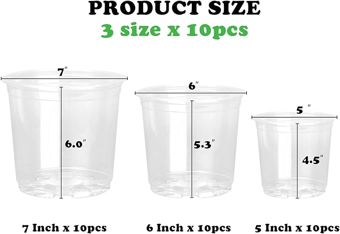 RAOOKIF 30 Pack 5/6/7 Inch Reinforced Clear Nursery Pots with Drainage Holes, Clear Nursery pots Variety Pack, Transparent Plastic Plant Pots for Seedlings, Clear Seed Starters