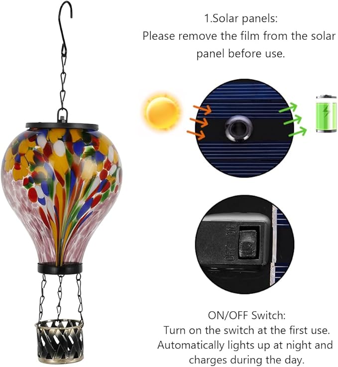 Starsoul Hot Air Balloon Solar Lantern Tie-Dye Style Glass Outdoor Hot Air Balloon Solar Flickering Flame Light Waterproof Hanging Lantern for Garden Yard Patio Decor