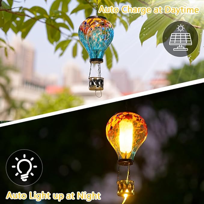 Solar Hot Air Balloon Lantern with Flame, Unique Hot Air Balloon Solar Lanterns with LED Candle Light, Waterproof Outdoor Lanterns Decor for Yard, Patio, Garden, Porch
