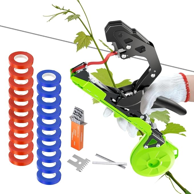 Plant Tying Machine, Lightweight Plant Tape Gun to Tie Up Vine, Plant Tying Tape Tool for Gardeners Farmers, Garden Tape Gun with 10000pcs Staples, 20 Rolls Tape, 1 SK5 Blade, 1 Gloves (Green)