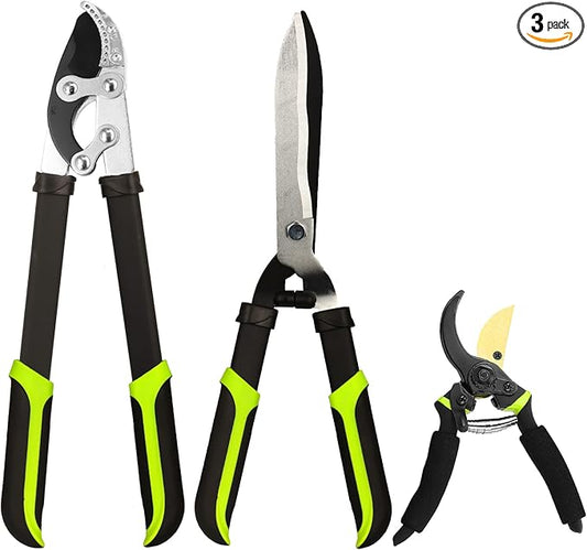 Loppers Hedge Clippers & Pruners Combo Set 3-Piece Hedge Shears, Sharp Tree Trimmer Branch Cutter for Yard, Lawn & Garden, Professional Tree Clippers Yard Clippers for Indoor & Outdoor Gardening