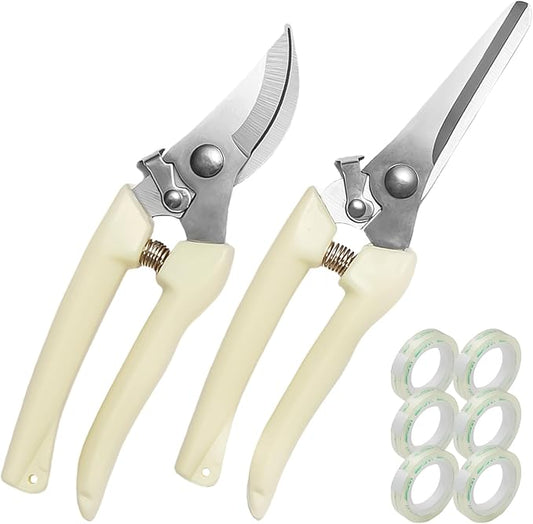 GROWNEER Pruning Shears 2PCS Stainless Sharp Garden shears with 6PCS 1/4 inches Clear Floral Tape Bypass Straight Gardening Clippers for Plants Planters Fruits Trees Fresh Flowers
