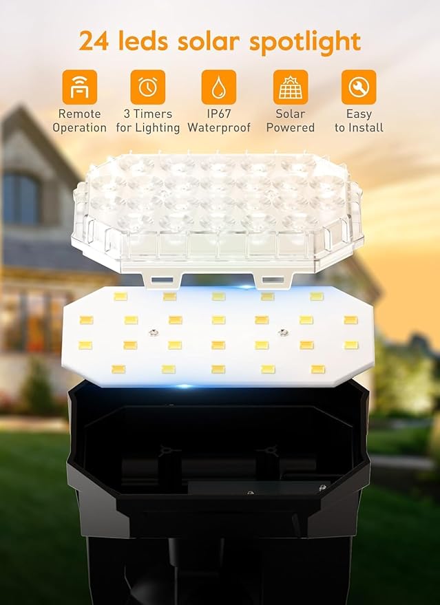 Brightown Solar Lights Outdoor Waterproof IP67, [Cool & Warm Light 2-in-1] Solar Spot Lights Outdoor, 2 Colors 3 Brightness Levels LED Outdoor Solar Lights for Yard Pathway Garden House, 2 Pack