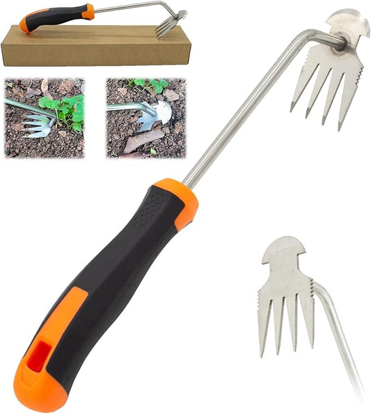 Weeding Artifact Uprooting Weeding Tool, Multifunctional Weeder, Hand Weeder Tool, 4 Teeth Stand Up Weed Puller Tool with Handle for Garden Yard Farm Weed Removal (13in, Stainless Steel Rubber)