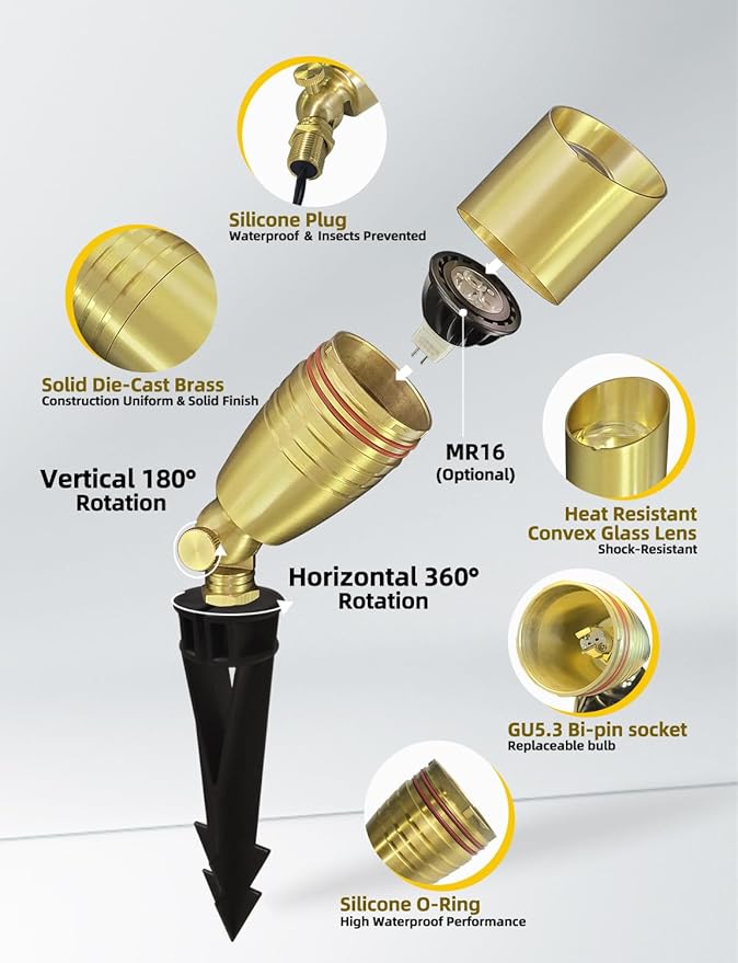 COLOER Die-cast Brass Landscape Spotlight 1-Pack with 5W Aluminum Housing LED MR16 Bulb,12V AC/DC Low Voltage Copper Outdoor Lighting, Directional Garden Patio Spot Up Light (102B Brass Finish)
