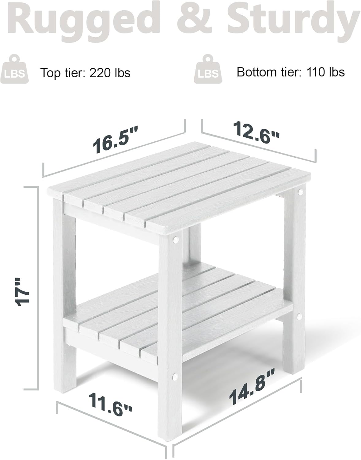 PASAMIC 2-Tier Adirondack Square Side Table, 17" HDPE Outdoor Side Tables, Weather Resistant End Table for Patio, Backyard, Pool, Indoor Companion, Beach, Easy Maintenance (White)