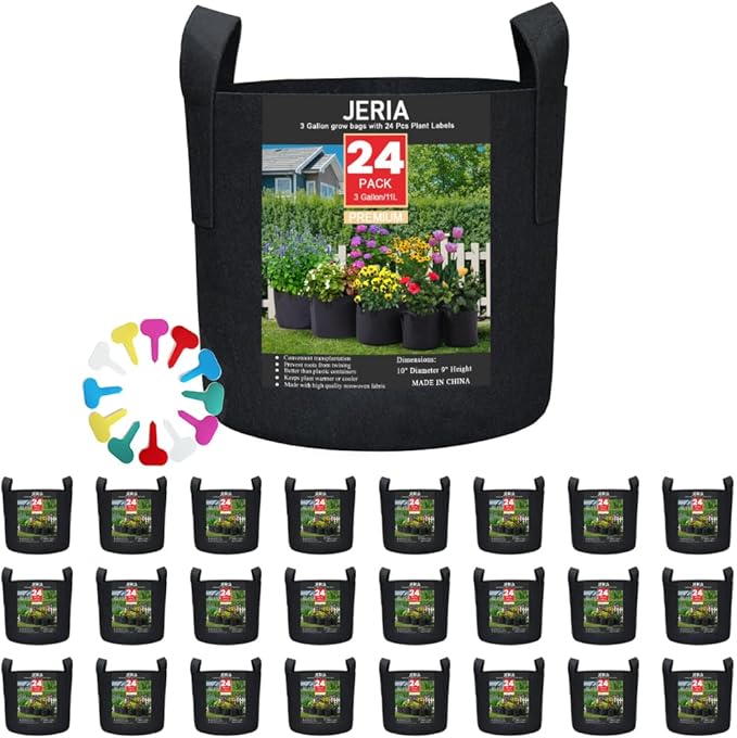 JERIA 24-Pack 3 Gallon Nonwoven Grow Bags, Plant Grow Bags，Heavy Duty Aeration Fabric Pots with Durable Handles, Come with 24 Pcs Plant Labels