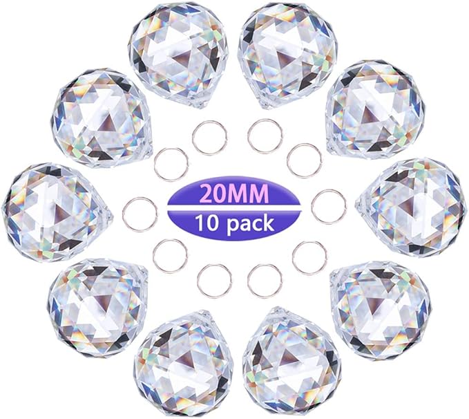 Crystalsuncatcher 10pcs Crystal Glass Ball Chandelier Prisms Pendants Parts Rainbow Crystal Suncatcher DIY Parts (20mm,Clear)