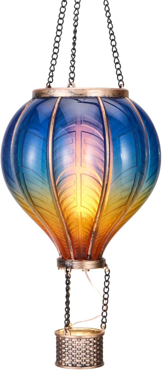 TERESA'S COLLECTIONS Hot Air Balloon Solar Lantern for Garden Decor ,Flickering Flame Hanging Solar Light for Outdoor ,Blue & Yellow Plastic Lamp for Yard Tree Gift for Mom