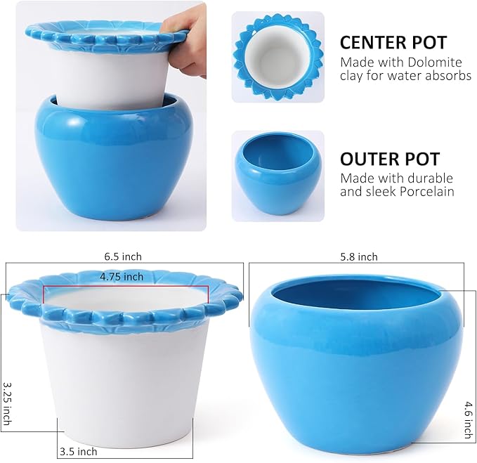 African Violet Flower Pot Blue Ceramic Self Watering Flower Pot 6.5 * 4.6 inch Simple Plant Self Watering Pot High Absorption Herbaceous Simple plant Self Watering Basin