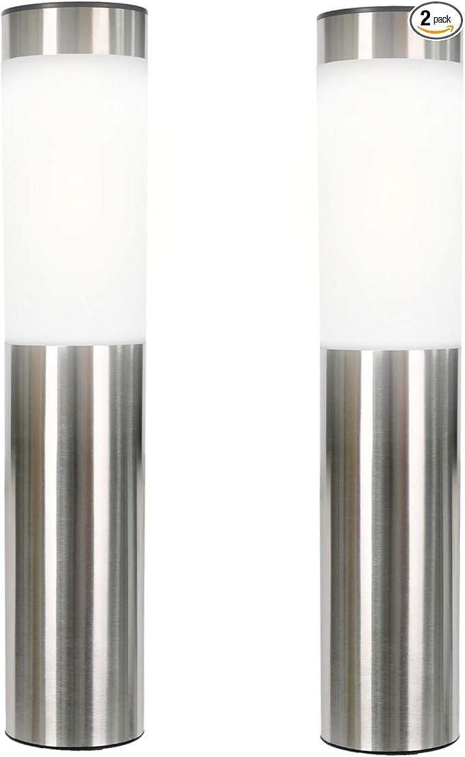 TECHKO Stainless Steel Outdoor Solar Bollard Path Lights (2-Pack), Solar Cylinder Pathway Lights (Stainless Steel)