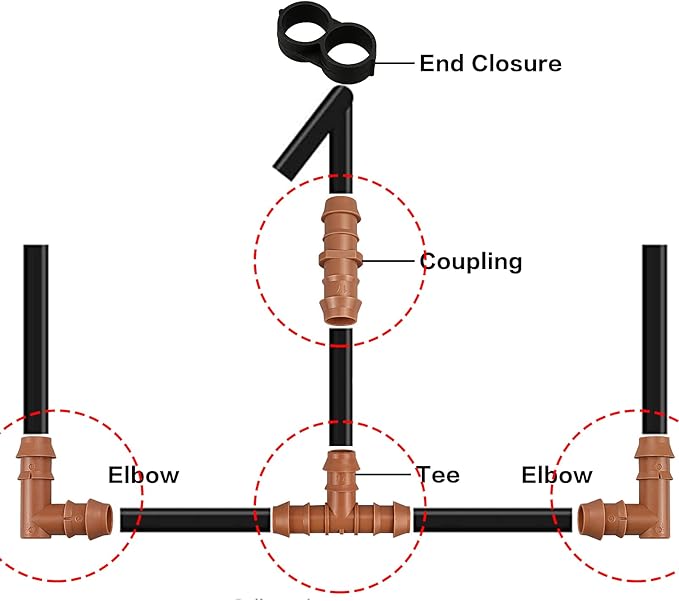 Drip Irrigation Fittings Kit for 1/2 Inch Tubing, 20 Pieces Drip Irrigation Parts for Drip Sprinkler System - 8 Couplings, 6 Tees, 6 Elbows, Drip Line Connectors for 1/2" Drip Irrigation Hose