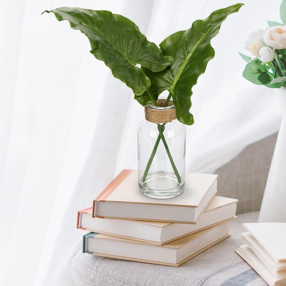 Faux Greenery Stems in Glass Vase with Faux Water, Silk Alocasia Realistic Fake Plants Artificial Tropical Leaves for Home Office Farmhouse Wedding Centerpiece Décor