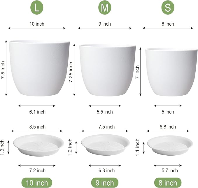 WOUSIWER Plant Pots 10/9/8 inch, Set of 3 Modern Decorative Plastic Planters with Drainage Holes and Saucers for House Plants Indoor Flowers Plants, White